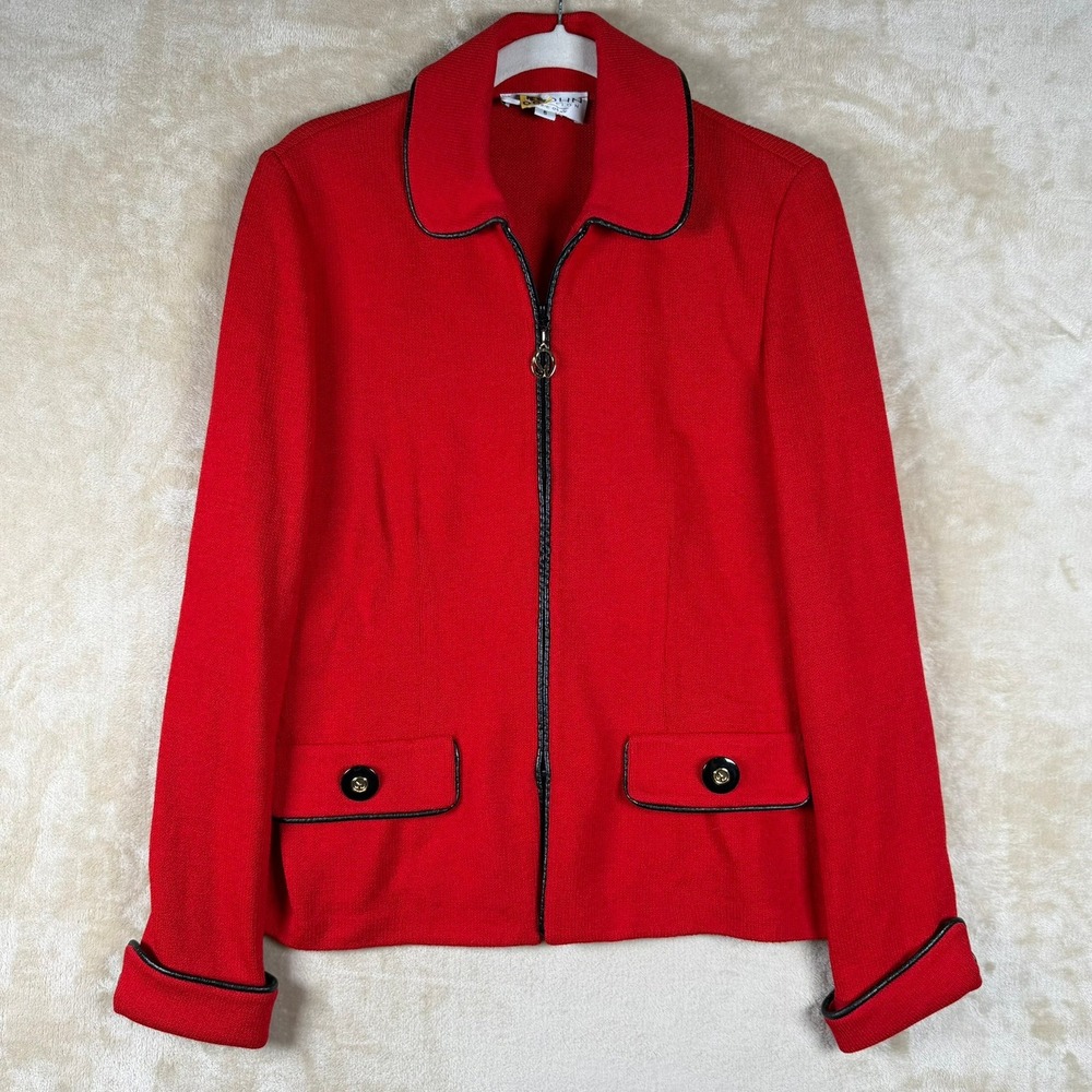 St John Collection Marie Gray Red Knit Zip Front Jacket Black Trim Womens 6